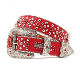 Patterned Water Diamond Belt with Red Small Crocodile Pattern, Fashionable and Versatile with Diamond Inlaid Full Diamond Belt