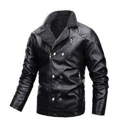 Men's Trench Coats Winter Motorcycles Leather Jacket Fleece Warm Turndown Collar Button Pu Outerwear Autumn Male Casual Street Overcoat 230822