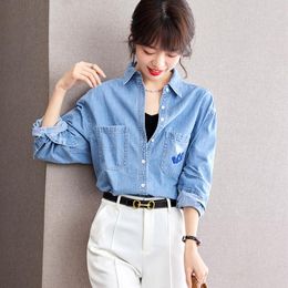 Women's Blouses Solid Shirts Summer 2023 Vintage Denim Loose Long Sleeves Tops Turn-down Collar Ladies Clothing YCMYUNYAN