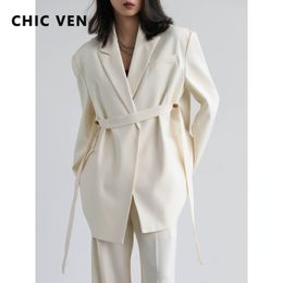 Women s Jackets CHIC VEN Women Blazer Design Wide Shoulder Ribbon Solid Medium Long Coat Office Lady Female Overcoat Spring Autumn 230822