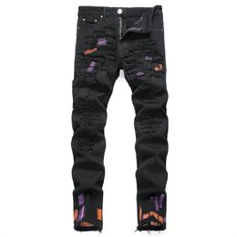 Men's jeans Vintage Black Jeans Embroidered Trendy Elastic Slim Fit Pants Versatile Men's Pants