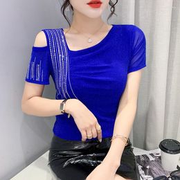 Women's T Shirts 2023 Summer Chic Mesh T-Shirt Fashion Diamonds Sexy Skew Collar Hollow Out Drilling Off Shoulder Women Tees