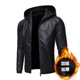 Men's Trench Coats Leather Autumn And Winter Slimming Pu Korean Version Hooded Motorcycle Jacket With Plush Thick 5XL 230822