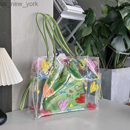 Totes Summer Transparent Bag Design Loving Heart Pattern Women's PVC 2pieces Composite Tote Bag Clear Waterproof Beach Jelly Bag 2023 HKD230822
