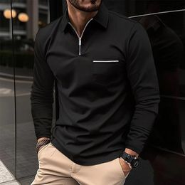 Camisa pólo zíper bolso de manga longa camisa polo esportiva para homens de alta qualidade de moda de moda masculina colar de pólo de luxo de luxo de algodão puro top business camisa m-xxxl