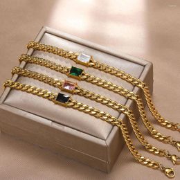 Anklets Vintage Stainless Steel Pink Green Zircon Anklet Classic Gold Colour Chain Aesthetic Rectangle Jewellery Gift Summer