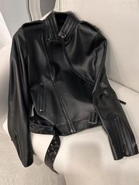 Women's Leather Design Retro Zipper Cardigan Motorcycle Sheepskin Coat Autumn Fashion Luxury All-in-one Straight Jacket