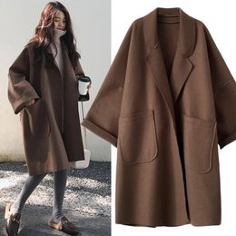 Women's Wool Blends Elegant Woolen Trench Coat Winter for Women Vintage Windbreakers Jacket Mid-Length Loose Turn-Down Collar Plus Size 4XL Cardigan 230822