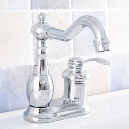 Kitchen Faucets Silver Polished Chrome Brass Swivel Spout Single Handle Deck Mounted Bathroom Two Holes Basin Faucet Mixer Tap Msf840