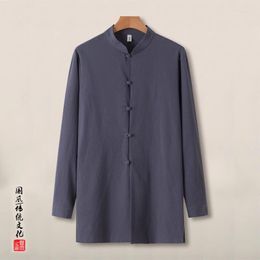 Men's Casual Shirts 2023 Men Linen Chinese Style Long Sleeve Retro Buttoned Shirt Male Solid Colour Stand Collar Loose M-5XL