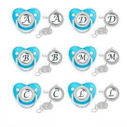 Luxury Blue Pacifier Chain Clips with Lid Name Initial Letter Silicone Nipple Holder Personalised Pacifiers Newborn Baby Shower