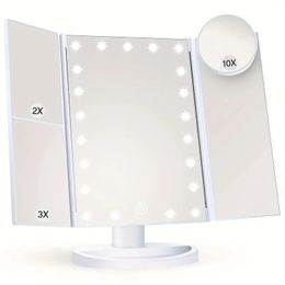 Tri-Fold Lighted Vanity Mirror With 21 LED Lights, Touch Screen And 3X/2X/1X Magnification, Two Power Supply Modes Make Up Mirror, Travel Mirror