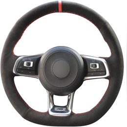 Black Genuine Leather Suede Steering Wheel Covers for 2015-2019 VW Jetta GLI Golf R Golf 7 MK7 Golf GTI Accessories206L