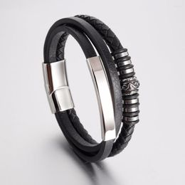 Charm Bracelets Fashion Multilayer Leather Bracelet For Men Jewellery Punk Stainless Steel Bangle Magnetic Buckle Black Gold Colour