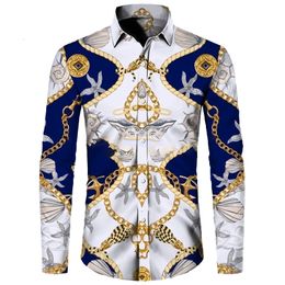 Men's Casual Shirts Luxury Men's Shirts Fashion Golded Chain 3D Printed Long Sleeve Tops Turn-down Collar Buttoned Shirt Party Club Cardigan Blouses 230822