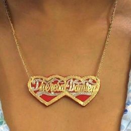 Strands Strings Two Heart Acrylic Pendant Custom Name Necklace Double Layer Personalized Nameplate for Women Gift 230822