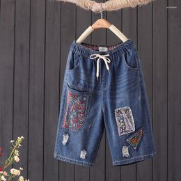 Women's Jeans Summer Women Denim Shorts Vintage Embroidery Elastic High Waist Loose Knee Length Straight Pants 3XL