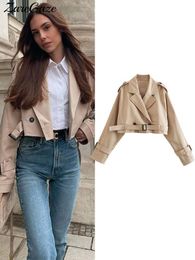 Women's Jacket's Short Jacket Khaki Cropped Trench Coat Lapel Collar Top Long Sleeve Jackets With Belt Female Spring Streetwear 230821