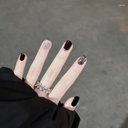 False Nails 24 Pcs Press On Short Size Fake With Nail Glue For Women Jelly Glitter Black Design