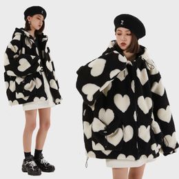 Women's Jackets Winter High Street Harajuku Love Printed Rabbit Fur Padded Jacket Men and Women Hong Kong Style Student Hooded Cotton Jacket 230822