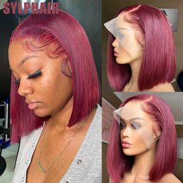 Synthetic Wigs Burgundy Short bob wig Pre Pluckes 13X4 Coloured Human Hair Lace Frontal Ombre 4x4 Closure 99J Red Straight Bob Front W 230821
