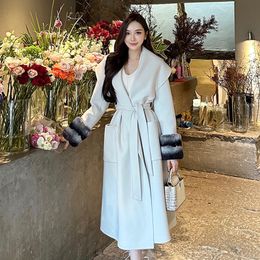 Womens Fur Faux Women Luxury Wool Jacket Cashmere Coat Real Rex Rabbit Cuffs Selling White Long Coats For 230822