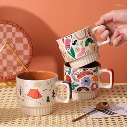 Mugs DIY Hand-painted Forest Pattern Ceramic Mug Stripe Stackable Breakfast Creative Milk Coffee Microwavable Heating