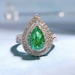 Cluster Rings S925 Silver High Carbon Diamond 6 9 Pear-shaped Green Ring Female European And American Ins Style Fashion All-match