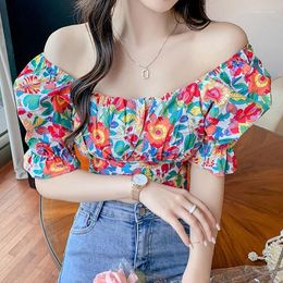 Women's Blouses 2023 Fashion Summer Shirts Plus Size Floral Tops Ladies Short Puff Sleeve Chiffon Ruffled Blouse Clothing Q98