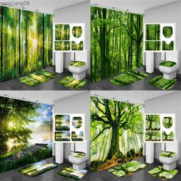 Shower Curtains Waterproof Sunny Forest Scenery Shower Curtain Set Waterproof Bathroom Seat Cover Bath Non-Slip Mat Rug Carpet Bath Decor R230822