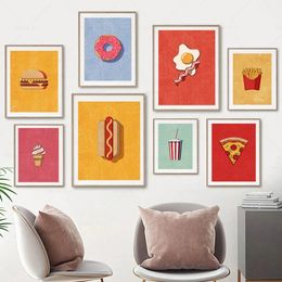 Canvas Painting Fast Food Burger Fries Hot Dog Ice Cream Softdrink Bacon Donuts Dessert Poster Wall Art Prints Retro Kitchen Cafe Restaurant Decor No Frame Wo6