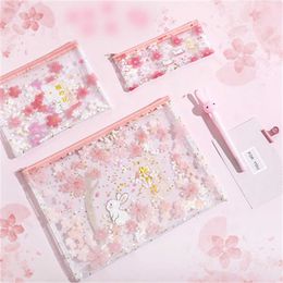 Learning Toys Cherry Blossom Rabbit Pencil Bag Sequined Mesh File Folder Kawaii Stationery Organizer School Office Suppllies Kid Gift