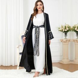 Ethnic Clothing Turkey Dresses For Women Luxury Abaya Muslim Sets Lace Embroidery Belted Kaftan Party Black Abayas Ladies Islamic Evening