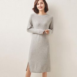 Women's Sweaters Autumn And Winter Long Pure Cardigan Round Neck Sweater Dress Knitted Pullover Thick Lace-up Cashmere Base Skirt