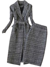 Two Piece Dress High Quality Winter Women s Suits Skirt Set 2023 Temperament Slim Wool Long Ladies Coat Jacket Two piece 230822