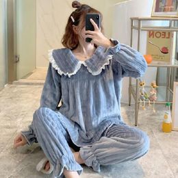 Women's Sleepwear Lace Women Pyjamas Set Winter Fleece Velvet Pyjama Pants Fluffy Solid Korean Cute Piiama Night Wear Warm Home Suit