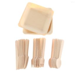 Disposable Dinnerware 48pcs Cutlery Set Biodegradable Wooden Dinner Utensils Salad Dessert Plates Spoons Forks Knives Party Supplies