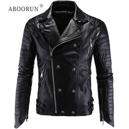 Men's Trench Coats ABOORUN Fashion Punk Leather Jacket Skull Rivets Motor R1205 230822