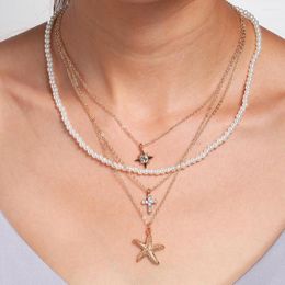 Pendant Necklaces Harajuku Layered For Women Luxury Pearl Cross Starfish Charm Beach Style Beads Choker Summer Party Accessories