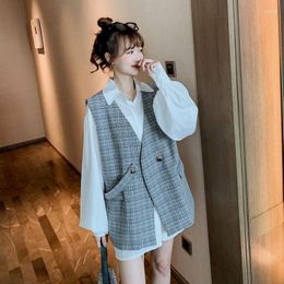 Women's Vests Cardigan Vest Female 2023 Spring And Autumn Plaid Coat Top Medium Long Lantern Sleeve Sleeveless Shirt