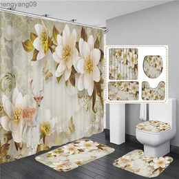 Shower Curtains Bouquet of Fantastic Flowers 3D Style Shower Curtain Bathroom Curtain and Bath Rug Carpet Set Floral Home Decor R230822