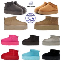Ultra-Mini-Stiefel, Designer-Damen-Plattform, Schneestiefel, Fell, warme Schuhe, echtes Leder, kastanienbraun, flauschige Stiefeletten für Damen, Antilopenbraun, Farbe 35–42