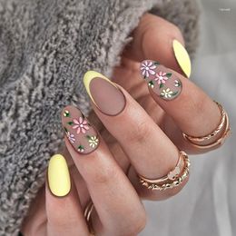 False Nails Press On Short Round French Yellow Flower Pattern Gel Fingernails Full Cover Manicure Fake Nail Tips Set
