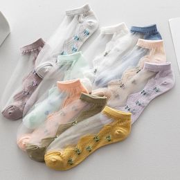 Women Socks 3 Pairs Breathable Ultra Thin Summer Transparent Lace Silk Crystal Girls Elastic Short Female Lolita JK Sox