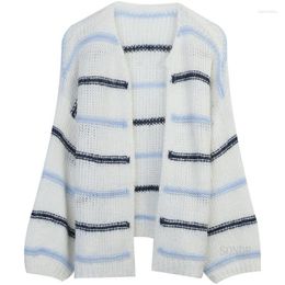 Women's Knits Open Stitch Oversized Cardigan Women 2023 Contrast Stripped Knitted Loose Slouch Long-sleeved Sweater Coat Knit Top