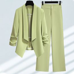 Women's Two Piece Pants Women Spring Summer Green Blazer Pants Two Pieces Sets Office Lady Graceful Thin Suit Jacket Trousers Outfits Work Clothing 230822
