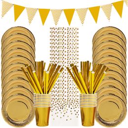 Other Event Party Supplies Gold Disposable Plate Paper Tableware Set Cup Napkins Birthday Wedding Bachelorette Decoration Baby Shower 230822