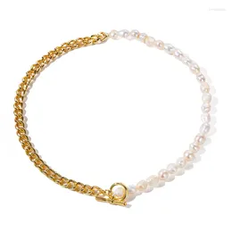 Choker ALLME Chic Freshwater Pearl Women 18K Real Gold Plated Brass Chunky Curb Chain OT Clasp Asymmetry Necklace