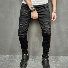 Men's Jeans 2023 Stretch Tight Casual Black Denim Pants Holes Full Length Streetwear Ripped