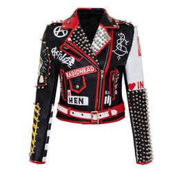 Women's Jackets DJ Costume Faux Leather Short Jacket Women Punk Style Graffiti Studded Rivet and Chain Fashion High Waist Motor Jackets 230822